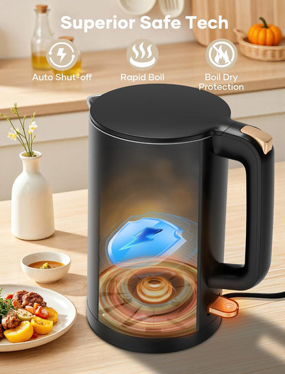 Electric Tea Kettle, 1.7L Stainless Steel Cool Touch Double Wall, Hot Water Boiler, 1500W Fast Boiling, Boil Dry Protection, BPA-Free, Black