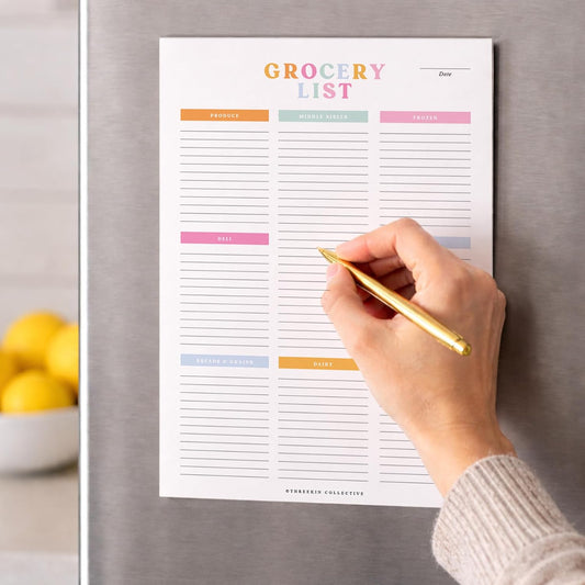 Grocery List Notepad with Magnet, 6.5 x 9 in, 52 Tear-Off Pages, Color-Coded Sections for Organized Weekly Shopping Planning Pad with Cardstock Backing