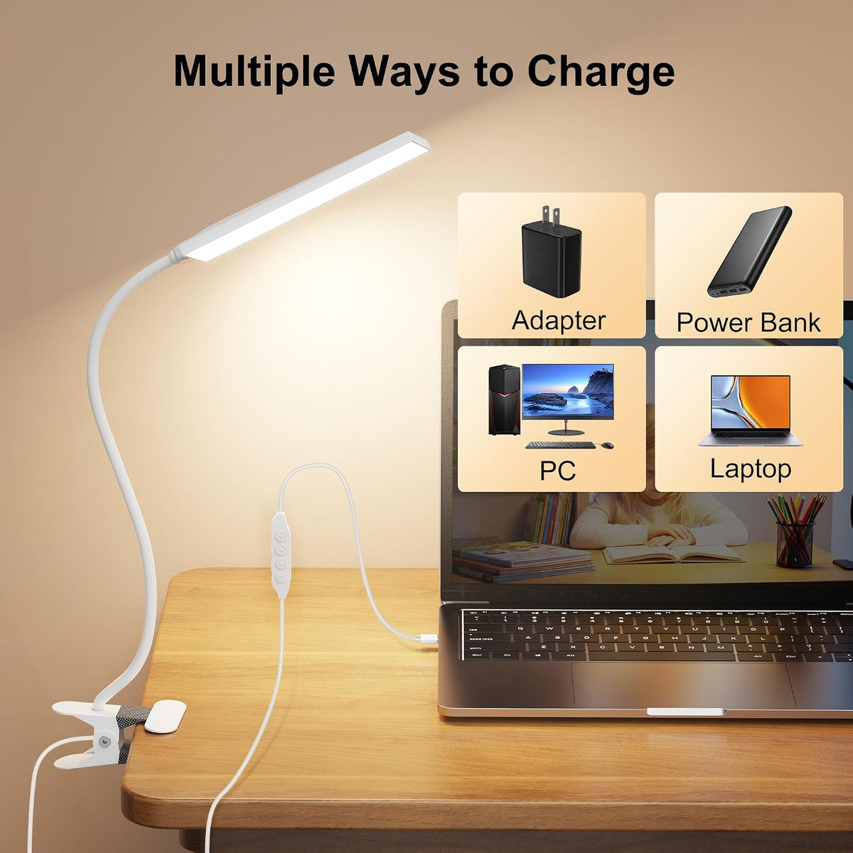 Vansuny Clip on LED Desk Lamp, Eye-Caring USB Reading Light for Home Office
