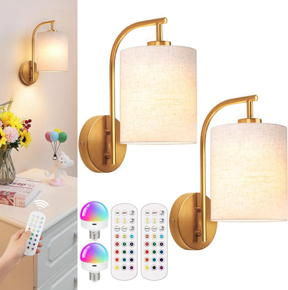 MATAMEYE Battery Operated Wall Sconce Set of 2, Black Rechargeable Wireless Wall Light Fixture with Remote, 12 RGB Colors & Timer, Indoor Dimmable Wall Lamp with Linen Shade