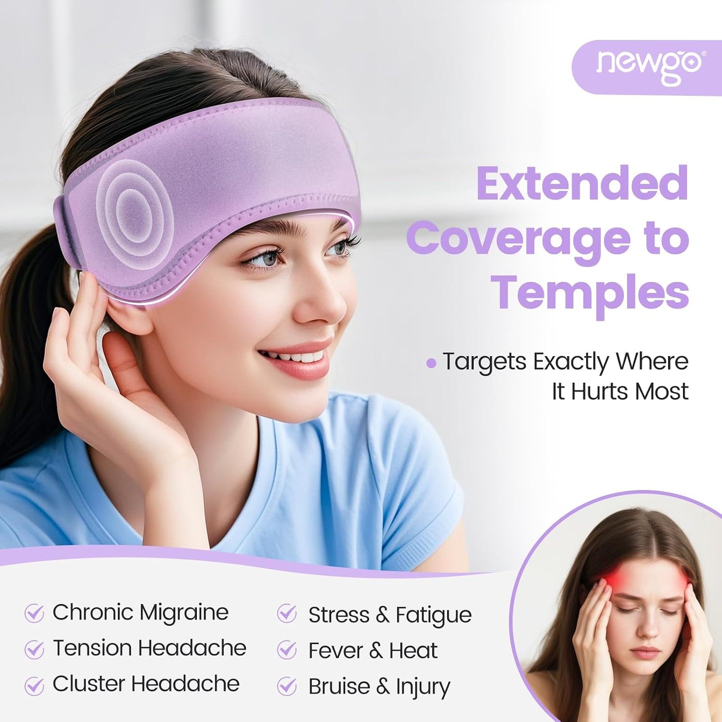 NEWGO Headache Ice Pack Head Wrap for Migraines, FSA Eligible | Reusable Head Ice Wrap, Removable Machine Washable, Soothes Tension Headaches, Sinus Pain, Chemo Discomfort, and Hot Flash