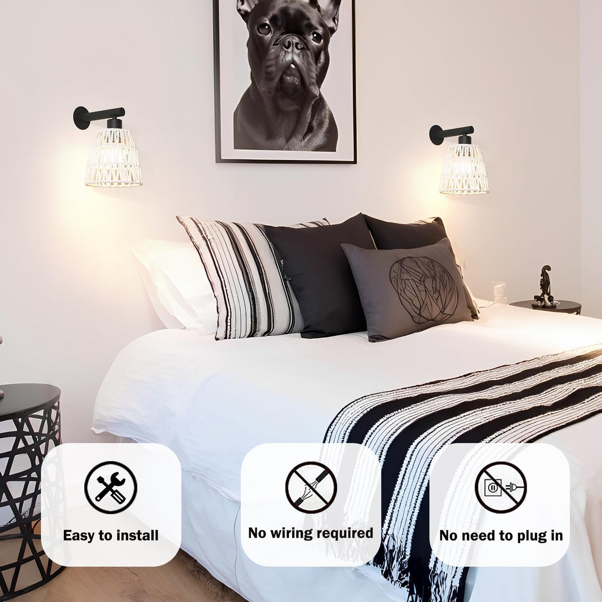 Boho Battery Operated Wall Sconces, Rattan Wall Sconce Set of 2 with Remote, RGB 15 Colors Dimmable Rechargeable Wall Light, Black Indoor Wireless Wall Lamp, Farmhouse Rattan Wall Lighting for Bedroom