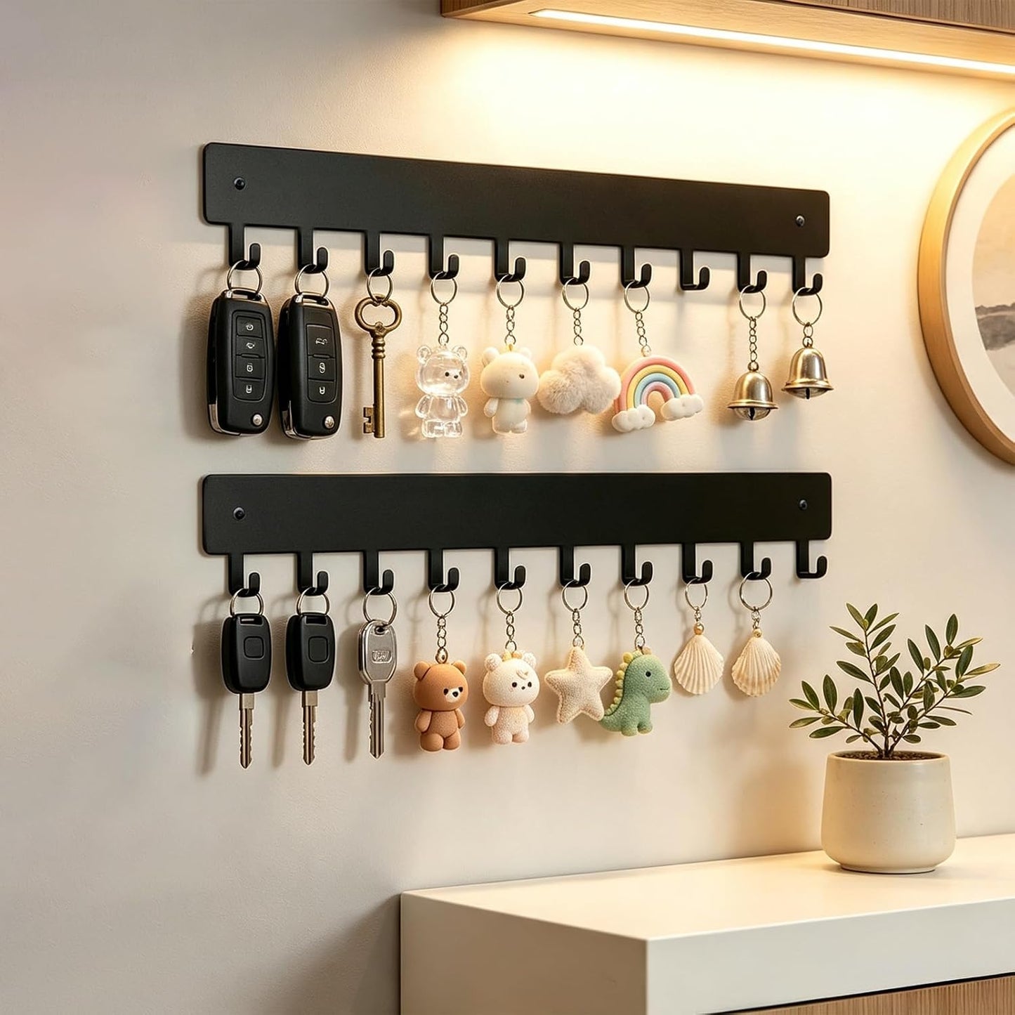 14inch Wall Key Holder with 10 Hooks(2 Sets), Metal Key Rack Wall Mount for Keys, Bags and Leashes, Key Hanger for Decorative Organizer Apartment，Entryway,livingroom,Black