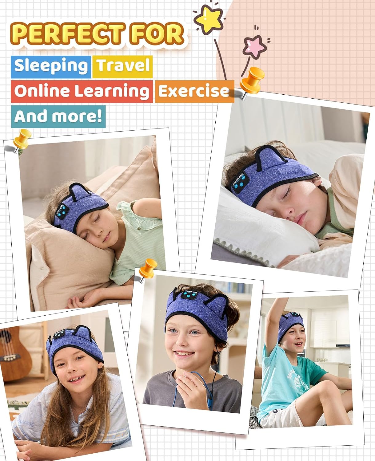 KIDSBAND Kids Bluetooth Headphones, Sleep Headband [Wireless & Wired Playback 2in1] Foldable Headphones for School/Travel/Tablet/Sleep