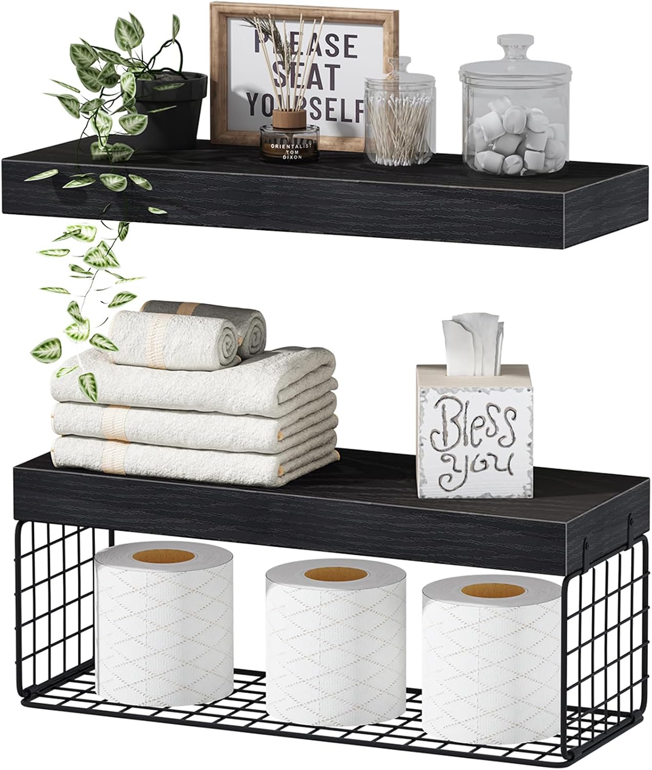 QEEIG Bathroom Shelves Over Toilet - Wall Mounted Floating Shelves Toilet Paper Storage Small Farmhouse Decor Shelf 16 inch Set of 3, Rustic Brown (019-BN3)