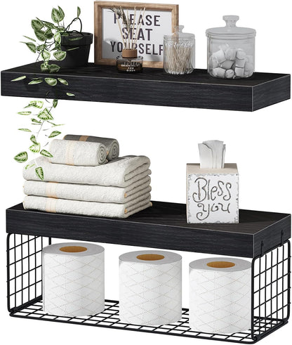 QEEIG Bathroom Shelves Over Toilet - Wall Mounted Floating Shelves Toilet Paper Storage Small Farmhouse Decor Shelf 16 inch Set of 3, Rustic Brown (019-BN3)
