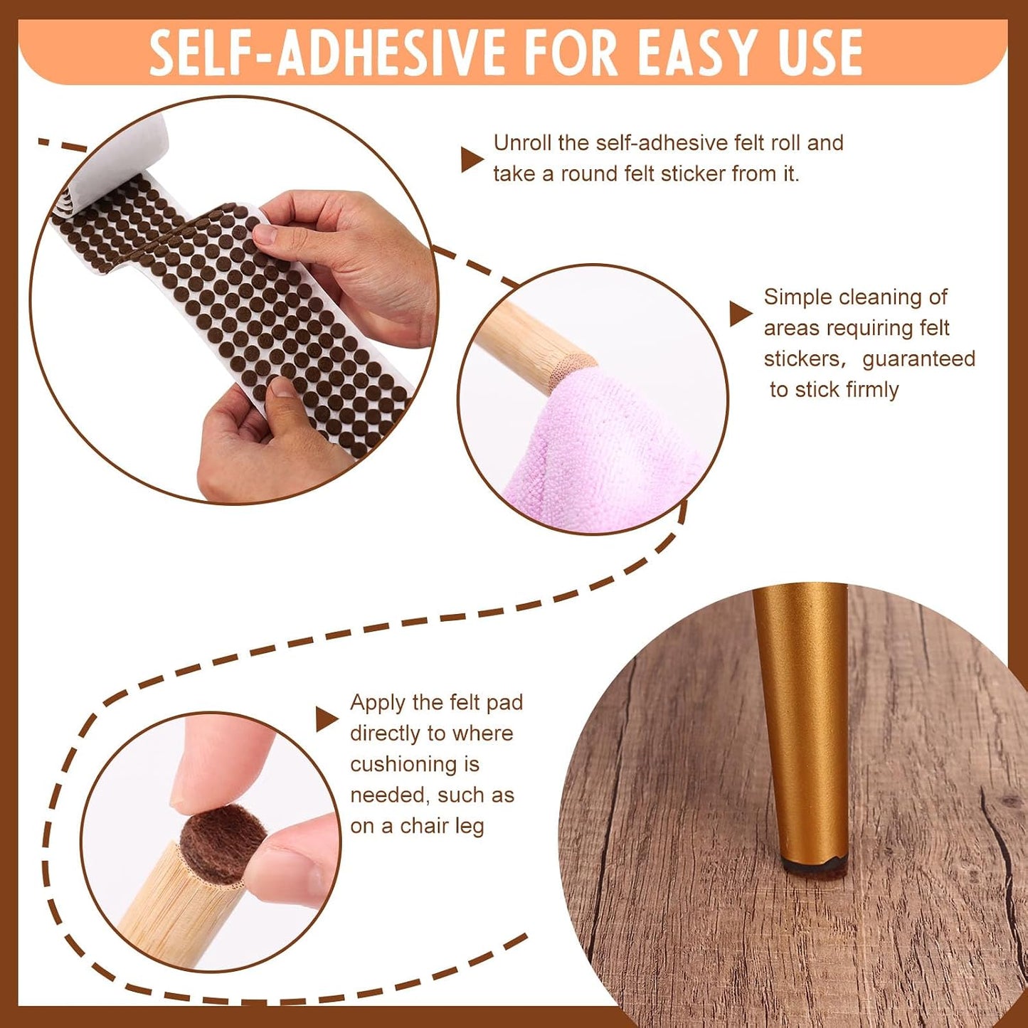 1000 Pcs 3/8" Self Adhesive Felt Furniture Pads Brown Cabinet Door Bumpers 1/8" Thick Small Felt Pads Round Furniture Feet Floor Protectors for Kitchen Chair Legs Hardwood Floors Coasters Drawers