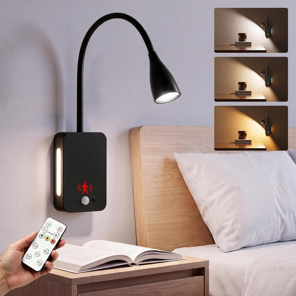 LED Wall Mounted Reading Light,4000mAh Bedside Wall Lamp with Remote Control & Motion Sensor,Book Light for Reading in Bed,3 Color Temps,Dimmable & Timers,360° Flexible Gooseneck Night Light,Black