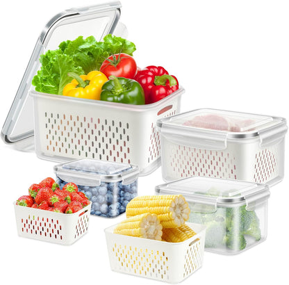8 Pieces Fruit Storage Containers for Fridge with Lids and Strainer | 4Pack Fruit Containers for Fridge, Fresh Produce Saver Keeper for Vegetable Fruit Salad, BPA Free Organizer for Refrigerator