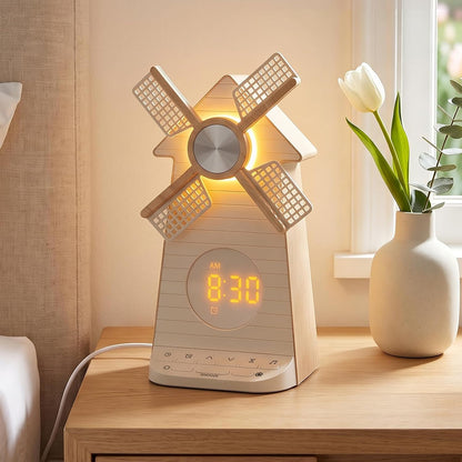 Sunrise Alarm Clock with Rotating Windmill, White Noise Machine for Sleeping with 20 Soothing Sounds, Sound Machine Alarm Clock for Bedrooms Kids Adults, 3-Level Night Light, USB Charger Port