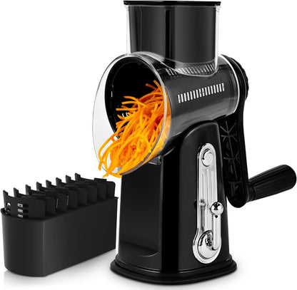 SUSTEAS Rotary Cheese Grater 5 Blades,Kitchen Mandoline Vegetable Slicer | White, Easy to Clean, Strong Suction Base, 5 Blades Storage Box, Round Mandoline Slicer & Food Chopper for Salad