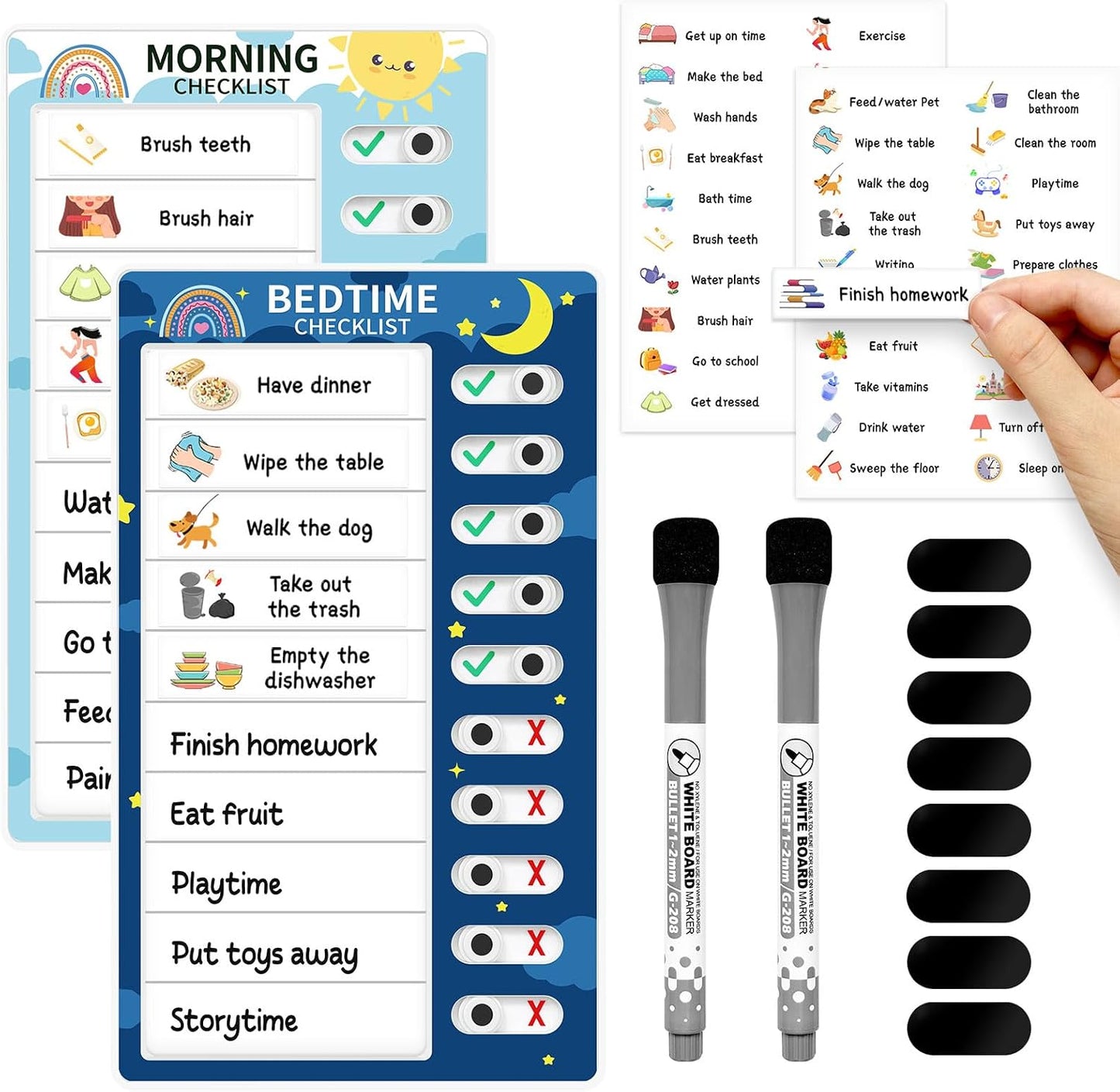 Chore Chart for Kids: Dry Erase Visual Schedule, Magnetic Bedtime/Morning Routine Chart - Toddler Chore Board, Checklist, To Do List for Kids (2 morning checklists, 2 bedtime checklists)