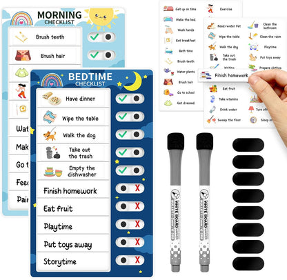 Chore Chart for Kids: Dry Erase Visual Schedule, Magnetic Bedtime/Morning Routine Chart - Toddler Chore Board, Checklist, To Do List for Kids (2 morning checklists, 2 bedtime checklists)