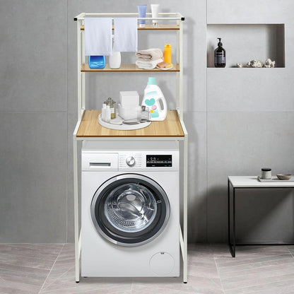 Over Washer and Dryer Storage Shelf Portable Organizer Rack Space Saver Standing Rack with Adjustable Feet for Bathroom Laundry Room (Black+Oak)