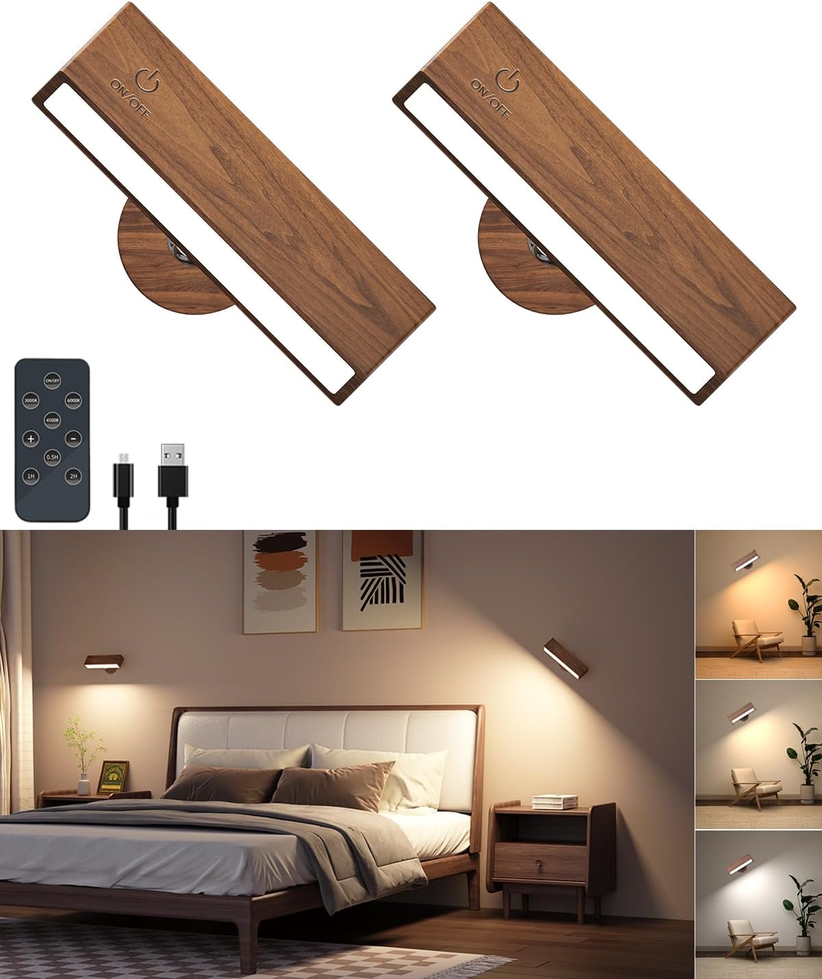 DetarZinLED Wall Lights Battery Operated Wooden,Magnetic Wall Sconces Rechargeable,Adhesive Wall Lights for Bedroom,Dimmable Wall Mounted Bedside Lamp,Cordless Battery Wall Sconce for Bedroom Reading