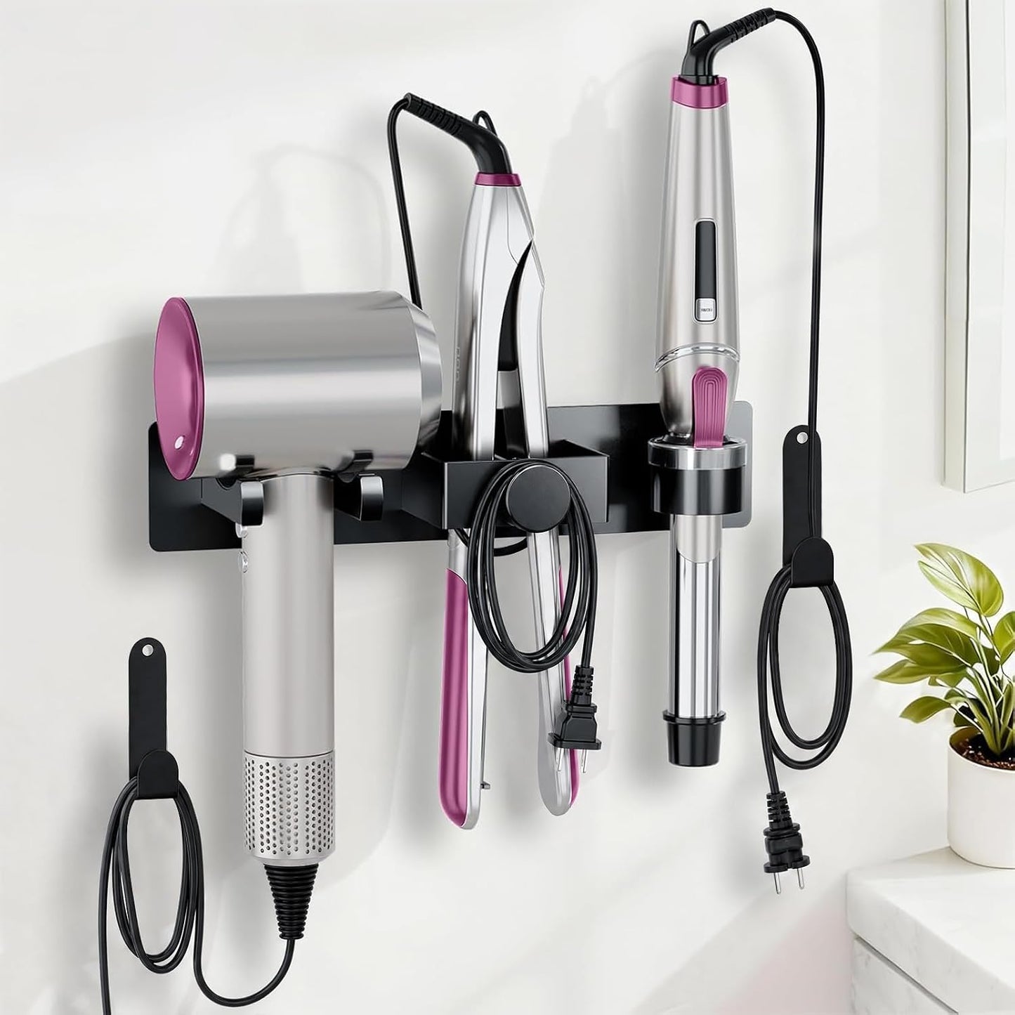 Hair Dryer Holder Wall Mounted with Cord Organizer, Curling Iron Holder | Hair Straightener Holder, Bathroom Hair Tool Organizer and Storage, Metal Blow Dryer Holder Rack for Most Dryers