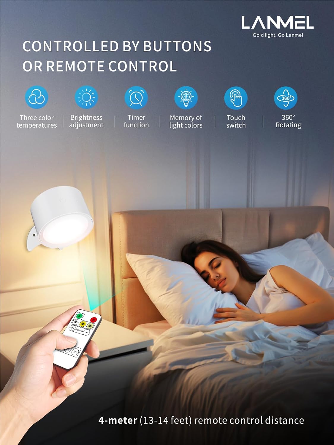 LANMEL LED Wall Mounted Lights,360° Rotating Rechargeable Wall Sconce Lamp | Gold,3CCT,Dimmable,with Remote & Touch Control,USB Wireless Wall Lamp, Suitable for Study,Bedroom,and Bedside Reading
