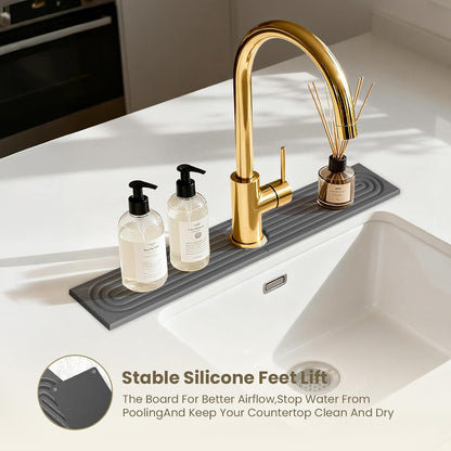 Diatomite Faucet Mat for Kitchen Sink, Quick-Dry Stone-Like Sink Mat, Flat Lay Absorbent Countertop Drying Mat for Faucet Area, Hard Diatomite Mat, Gray, 23.6 x 4 in