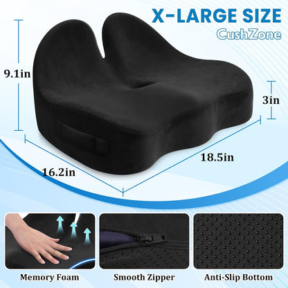 CushZone Ergonomic Seat Cushion, Sciatica Support for Office Chair, Black