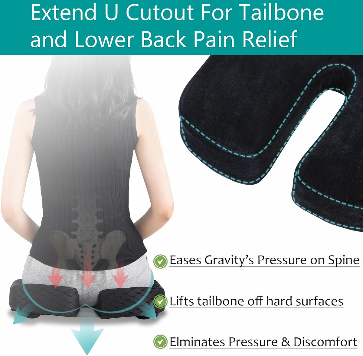 Large Pressure Relief Office Car Seat Cushion,10-Inch Extended U-Cutout
