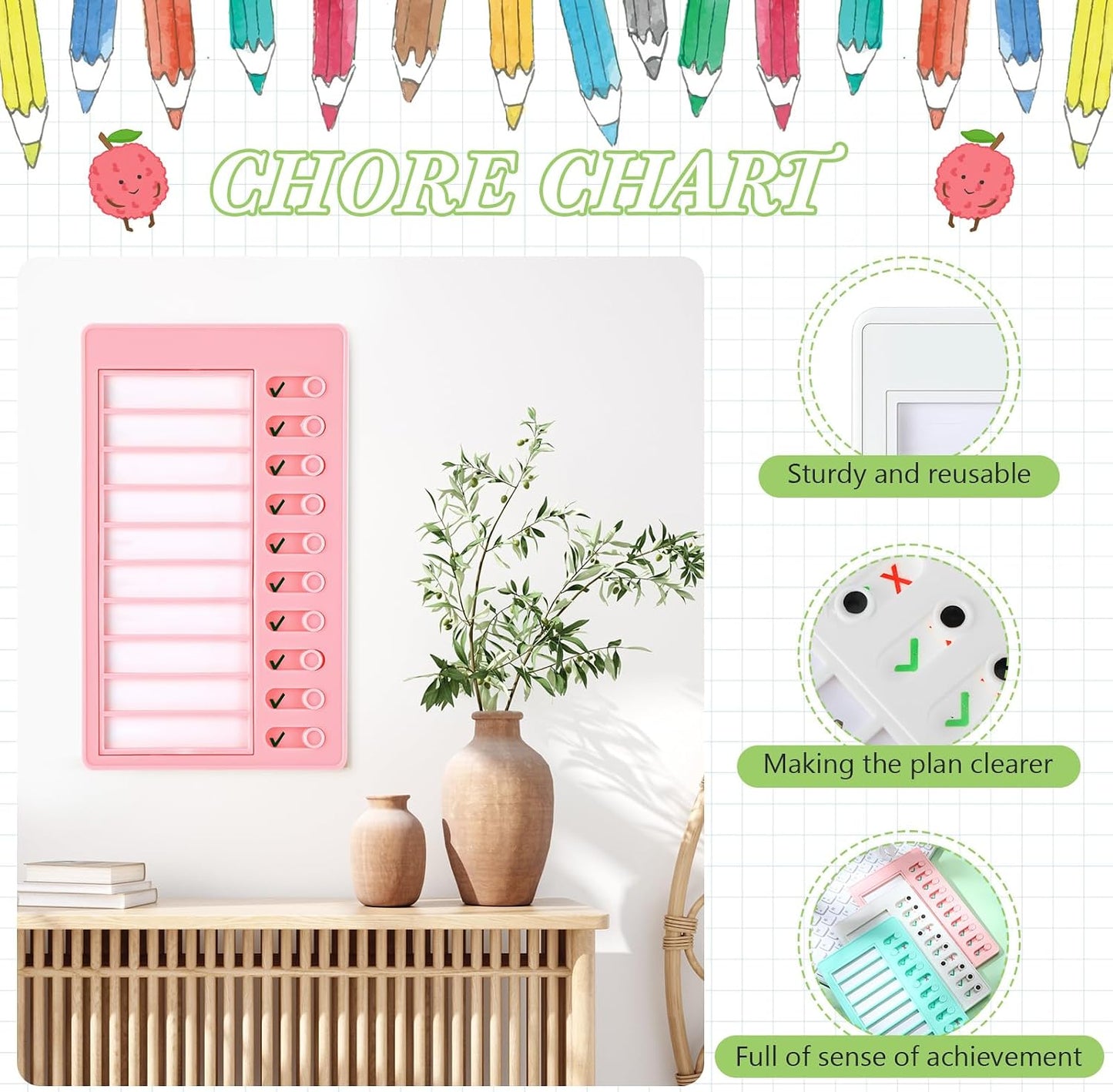 Queekay 4 Pcs Blank Chore Chart Kids Chore Chart, Plastic Checklist Board with 8 Detachable Cardstock to Do List for Home Routine Planning (White, Pink, Blue, Green)
