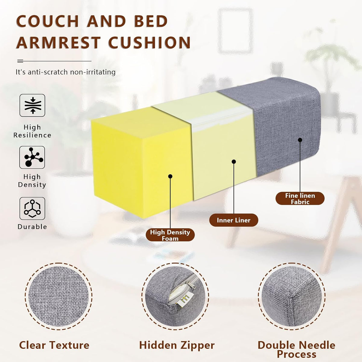 2 Pack Couch Arm Rest Pillow, 6''x6''x20'' Faux Leather Waterproof Cover, High Density Foam Armrest Cushion, Removable & Washable Elbow Support for Sofa, Bed, and Armchair (Medium Grey)