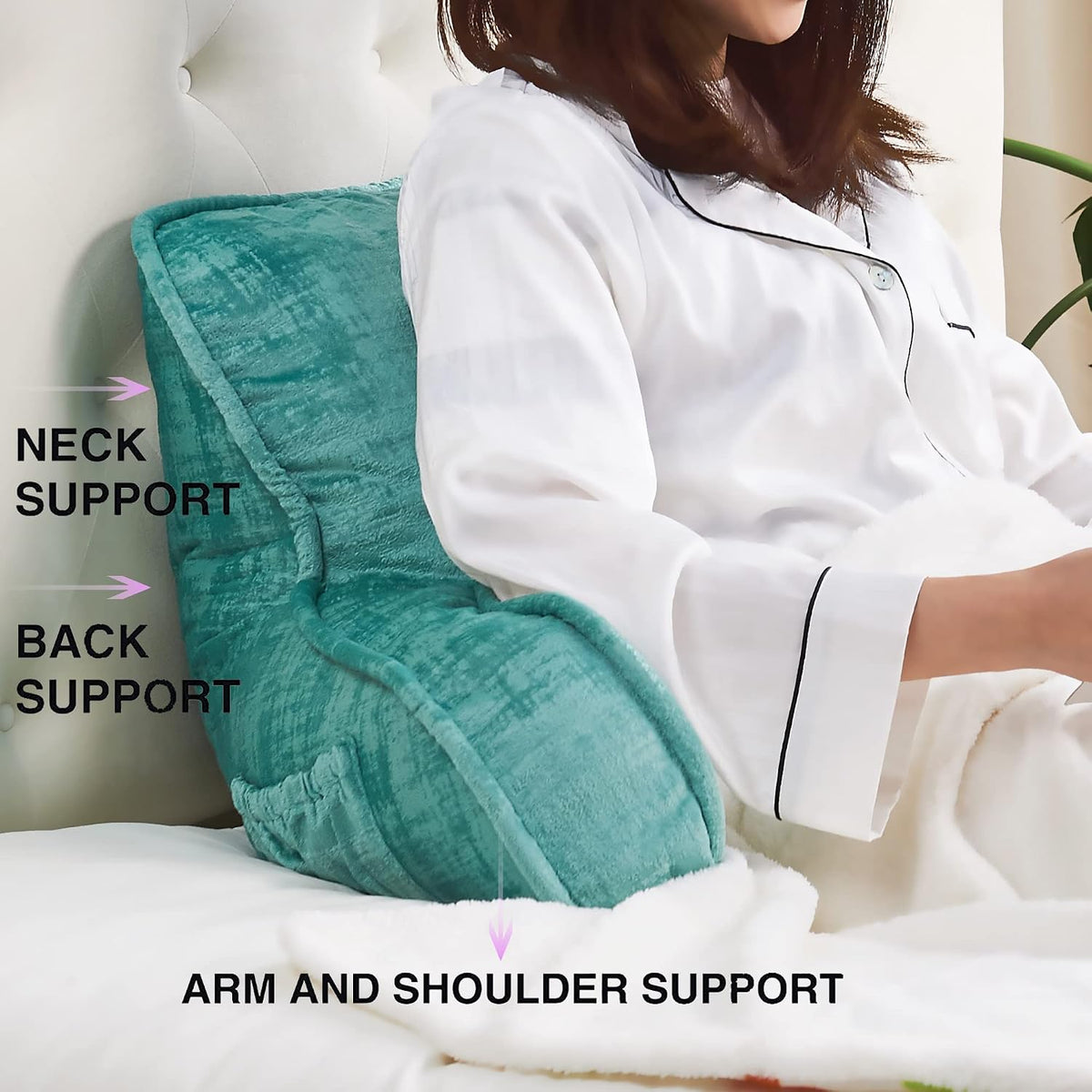 DIY Assembly Art Velvet Backrest Reading Bed Rest Pillow with Arms & Pockets, 18" H for Sitting in Bed Couch Sofa, Back Support Cushion with Removable Cover, 20"x18"x17", Aqua