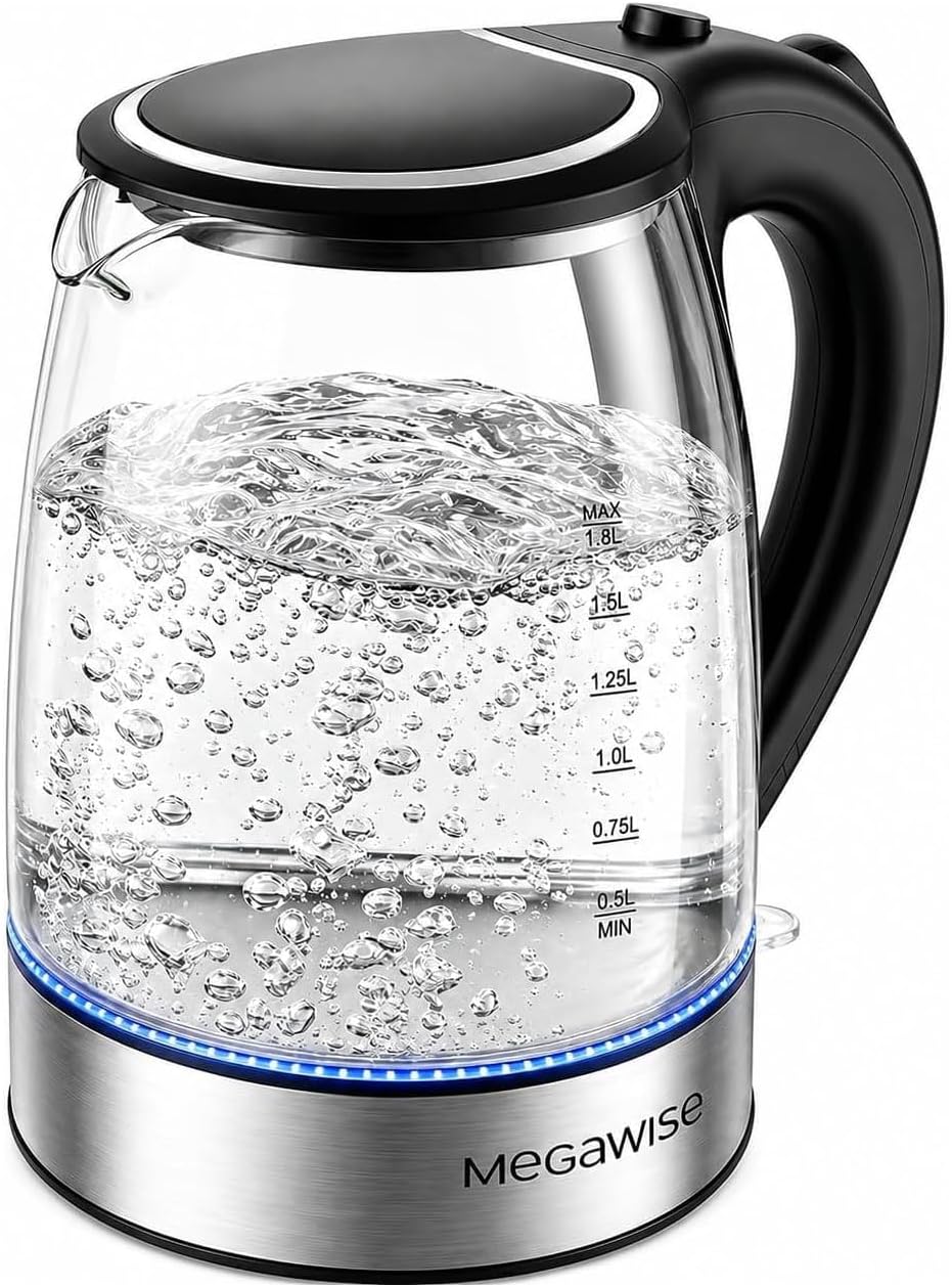 MEGAWISE 1.8L Healthy Electric Kettle, 1800W Borosilicate Glass Tea Kettle with Food Grade Material, Auto Shut-Off and Boil-Dry Protection Cordless Kettle Fast Boiling, BPA Free