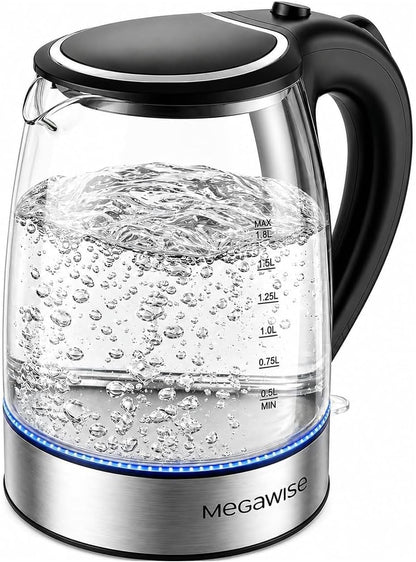 MEGAWISE 1.8L Healthy Electric Kettle, 1800W Borosilicate Glass Tea Kettle with Food Grade Material, Auto Shut-Off and Boil-Dry Protection Cordless Kettle Fast Boiling, BPA Free