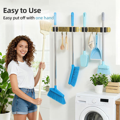 Broom Holder Wall Mount, Stainless Steel Mop and Broom Organizer, Broom Hanger with 2 Slots 2 Hooks for Home Kitchen, Garage, Garden and Laundry Room, Black