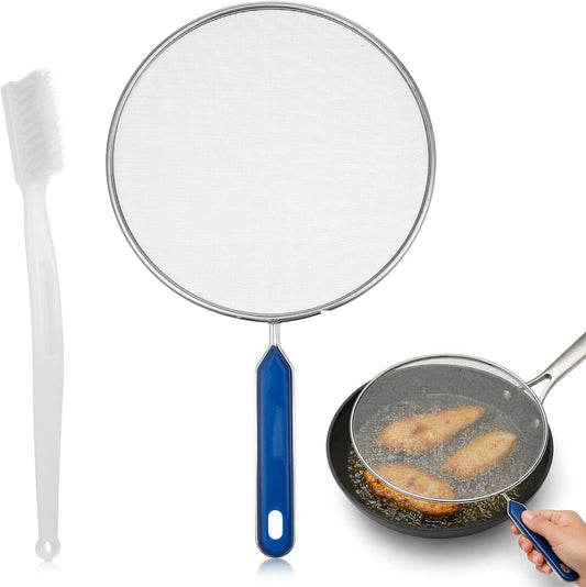 Splash Guard for Frying Pan, 8 Inch Stainless Steel Oil Splatter Pan | Splatter Guard with Nylon Brush Fine Mesh for Pan Cooking Supplies Shield from Splashing Oil