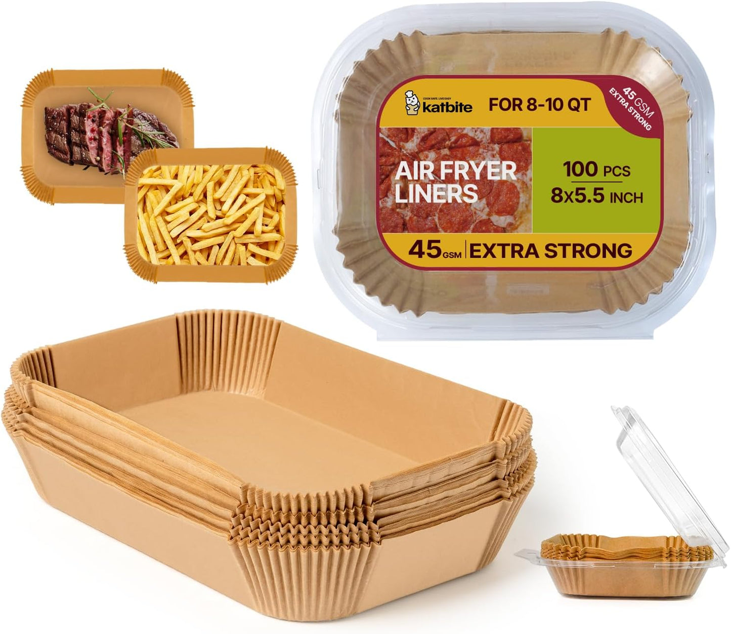 Katbite Air Fryer Liners, 8.6 x 5.5 Inch for Dual Basket Fryers, 220 Count | Disposable oil-proof parchment liners for dual basket air fryers; Compatible with Foodi DZ201, DZ401 and FG551 models.