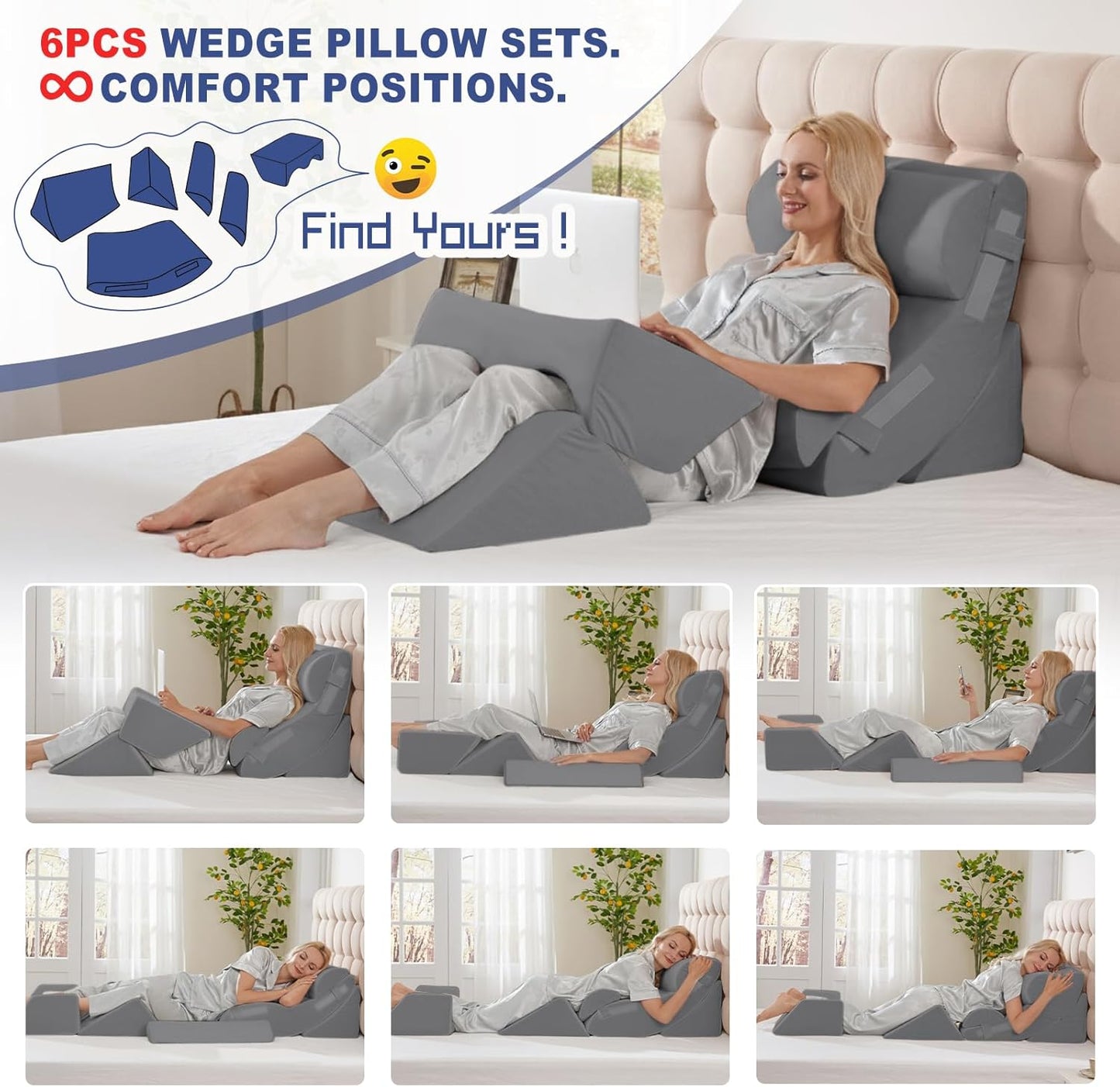 4PCS Orthopedic Bed Wedge Pillow Set for Sleeping, Post Surgery Foam Support Pillows for Back, Neck and Leg Pain Relief, Adjustable Triangle Pillow – Acid Reflux, GERD & Snoring Recovery, White Grey