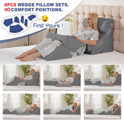 4PCS Orthopedic Bed Wedge Pillow Set for Sleeping, Post Surgery Foam Support Pillows for Back, Neck and Leg Pain Relief, Adjustable Triangle Pillow – Acid Reflux, GERD & Snoring Recovery, White Grey