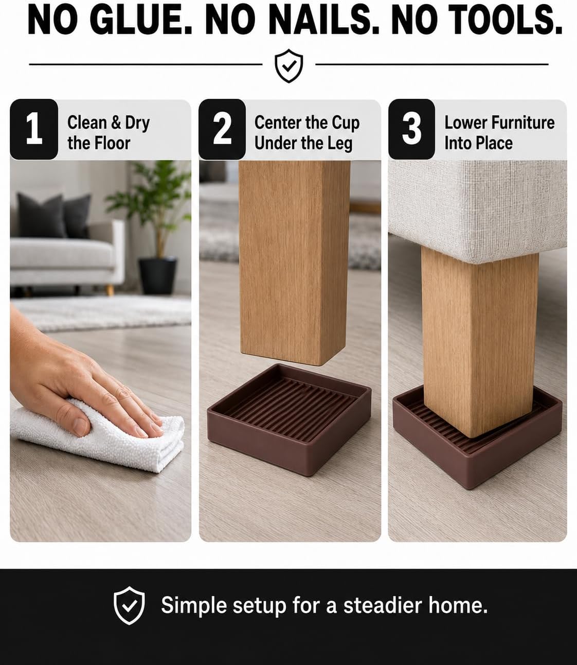xxxHOLIC Rubber Non Slip Furniture Pads, 2" Black Round, Set of 4 | Furniture Grippers for Hardwood Floors, Anti Skid Caster Cups, Bed Frame & Couch Stoppers, Floor Protectors for Heavy Duty