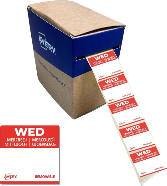 Avery Removable, Hand Writable, Food Day Labels, Wednesday, Strong Adhesive, 25 x 25 mm, Red, 1000 Labels, Preprinted Design (DLSWEDREV-1000)