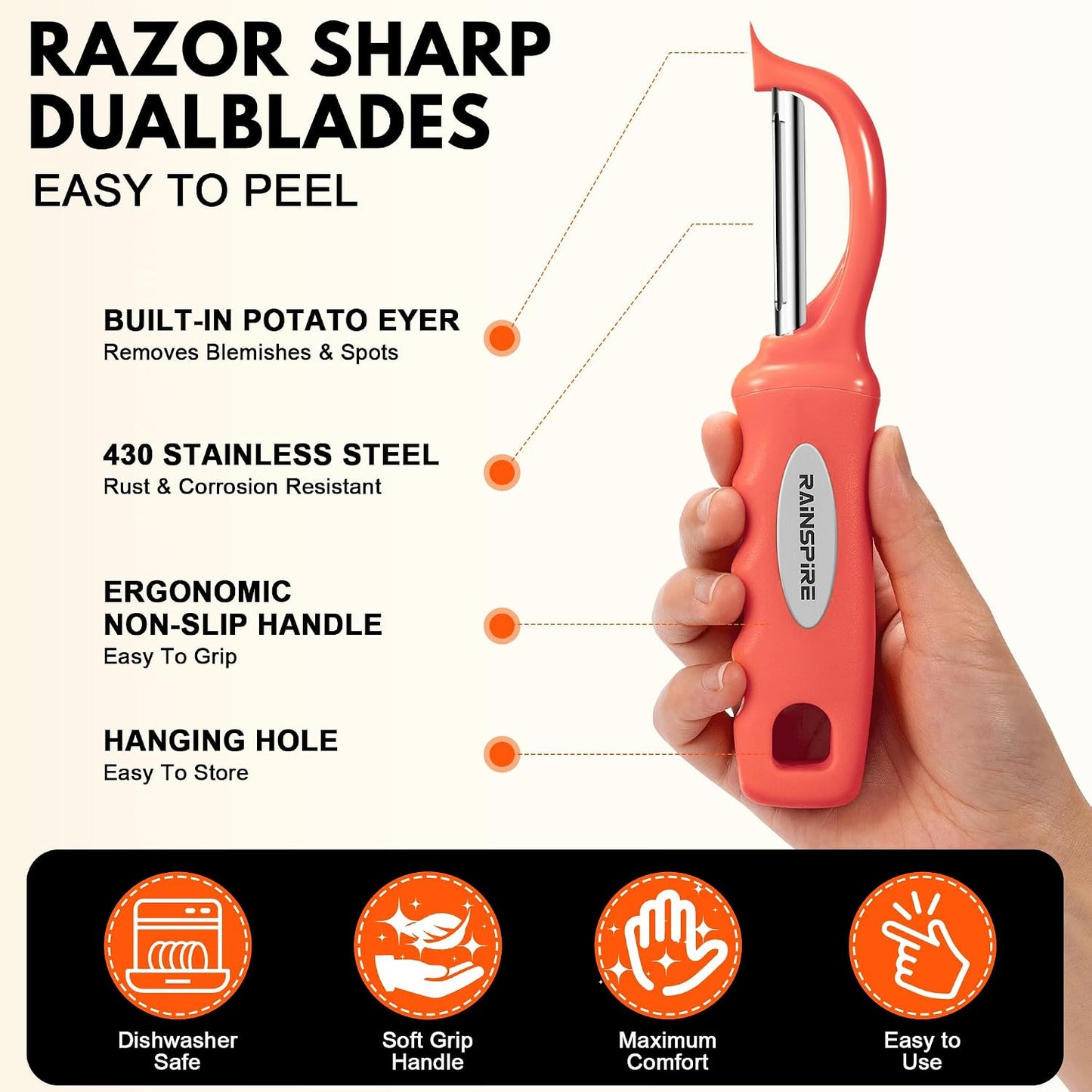 Rainspire Vegetable Peeler Potato Peelers for Kitchen, Sharp Stainless Steel Blades Veggie, Comfortable Handle Fruit Peeler, Carrot Peeler Apple Peeler Dishwasher Safe Black, 1-Pack