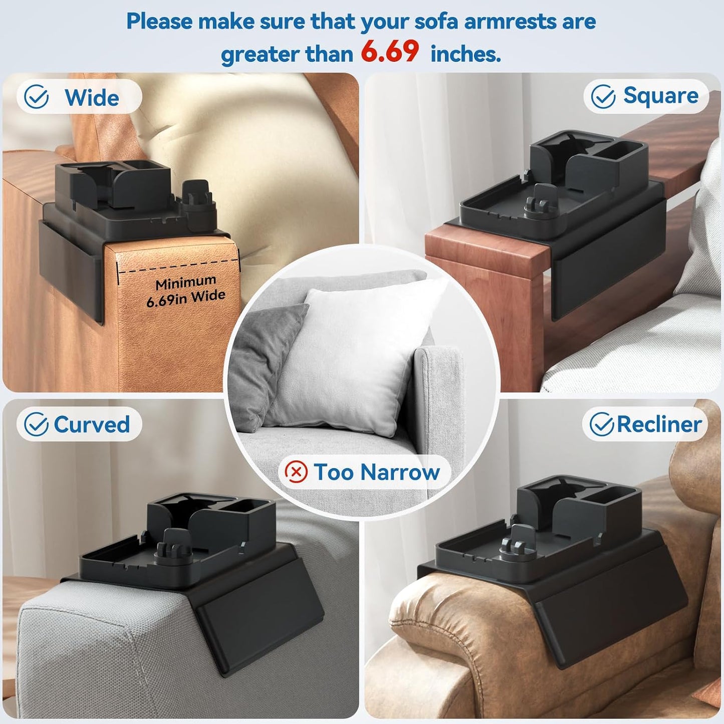 Couch Arm Cup Holder CLESOO Couch Arm Tray Anti-Slip Couch Cup Holder Silicone Sofa Armrest Tray Dual Side Pocket Couch Drink Holder Sofa Caddy Arm Remote Holder Snack Caddy with Phone Holder Blue