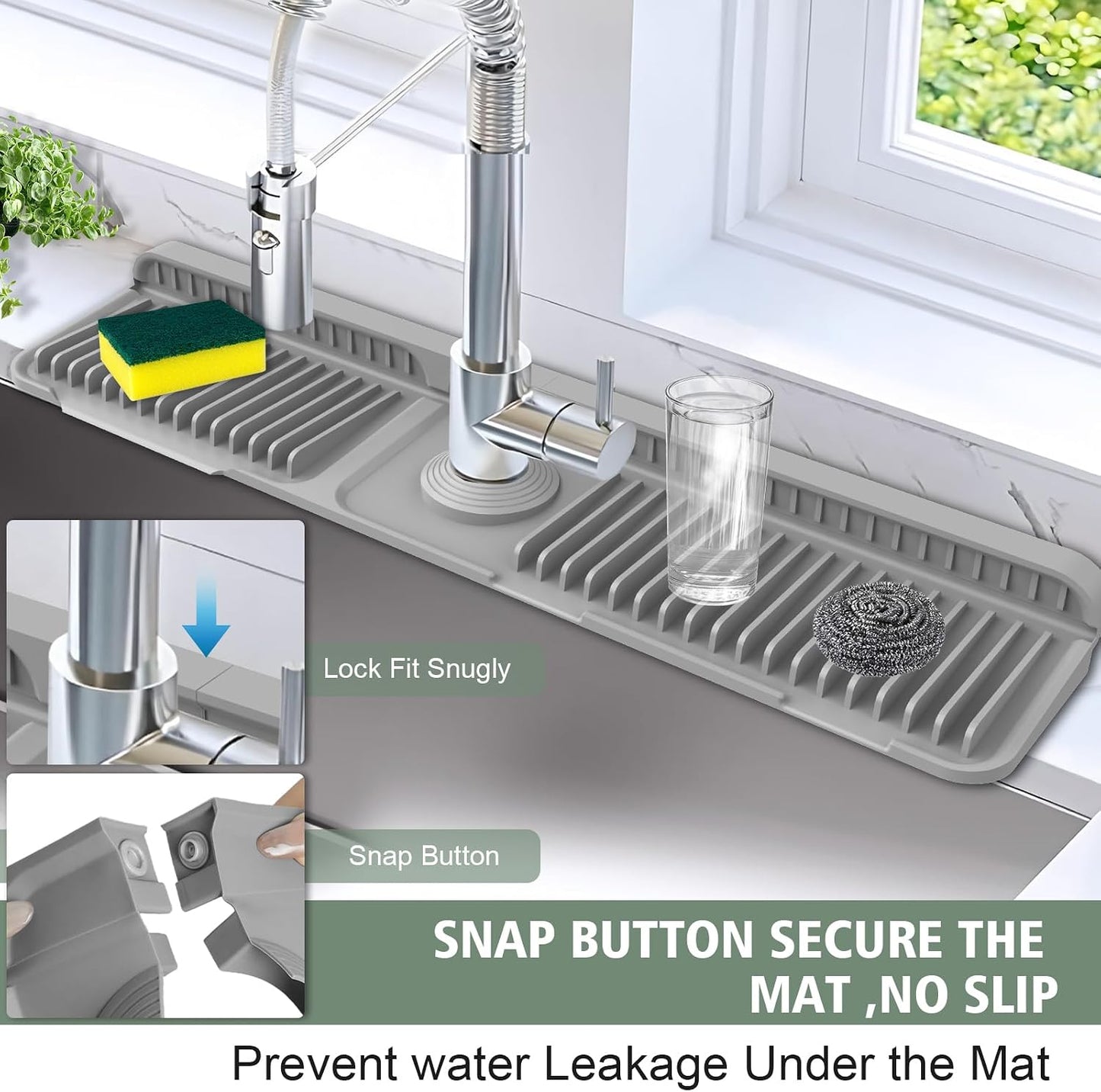 17.7-Inch Kitchen Sink Splash Guard Mat | 7° Slope for Fast Self-Draining | Snap-Lock Design | Universal & Cuttable Silicone Faucet Mat Gray