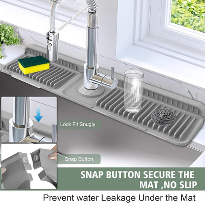 17.7-Inch Kitchen Sink Splash Guard Mat | 7° Slope for Fast Self-Draining | Snap-Lock Design | Universal & Cuttable Silicone Faucet Mat Gray