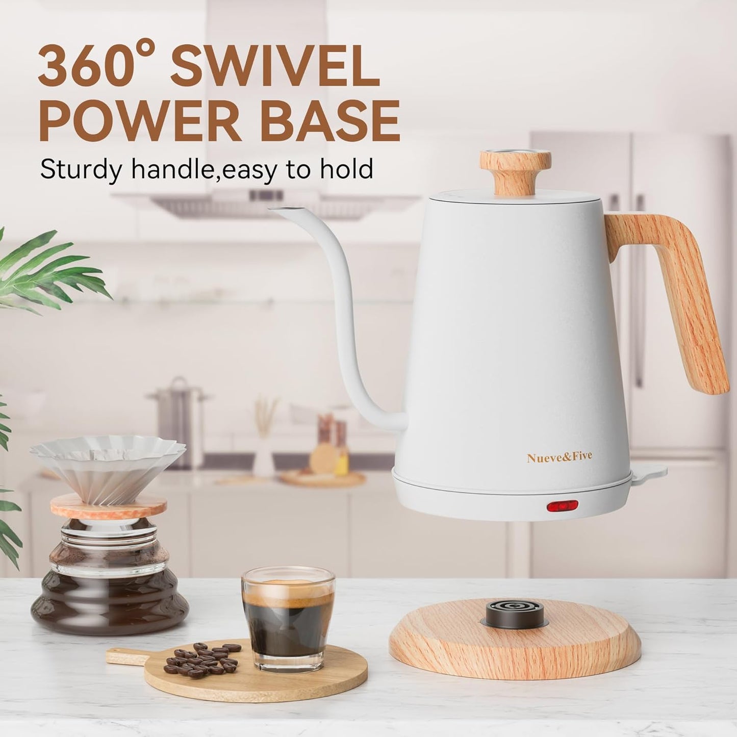 Nueve&Five Electric Gooseneck Kettle with Thermometer, 1.0L Pour Over Hot Water Kettle for Coffee and Tea, 1000W, Auto Shutoff, Boil-Dry Protection, Matte Black