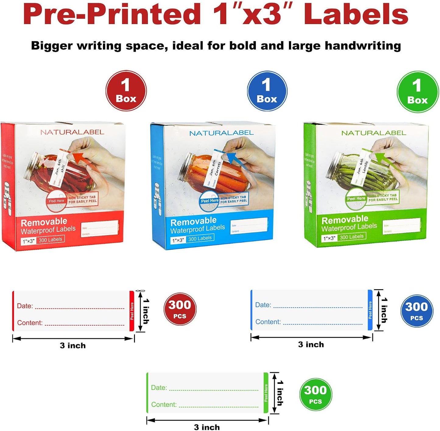 Removable Freezer Labels with Dispenser, 1" x 3", 1 Box (Red) | Writable, remove no residue, waterproof & oilproof, easy peel-off design, 300 labels per box, for meal prep containers