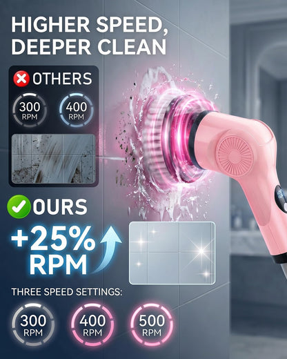 Electric Spin Scrubber, 3-Speed Shower Scrubber with Long Handle & 10 Replaceable Brush Heads, Cordless Full-Body IPX7 Waterproof Shower Cleaner Brush with 90 Mins Runtime for Bathroom