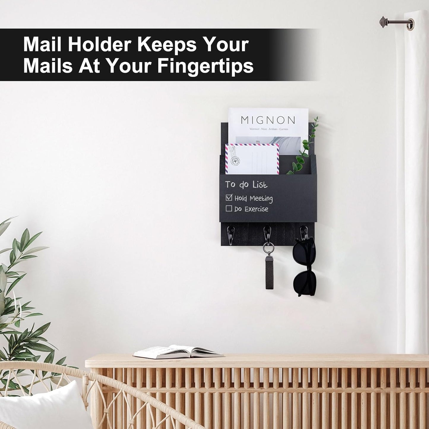 Key and Mail Holder for Wall Mount, Mail Holder with Chalkboard | Mail Organizer with 2 Slot, Key Holder with 3 Sturdy Hooks for Coat, Dog Leash, Decorative Key Rack (8.86”W x 11.42”H x 3”D)