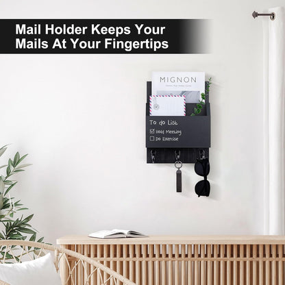Key and Mail Holder for Wall Mount, Mail Holder with Chalkboard | Mail Organizer with 2 Slot, Key Holder with 3 Sturdy Hooks for Coat, Dog Leash, Decorative Key Rack (8.86”W x 11.42”H x 3”D)