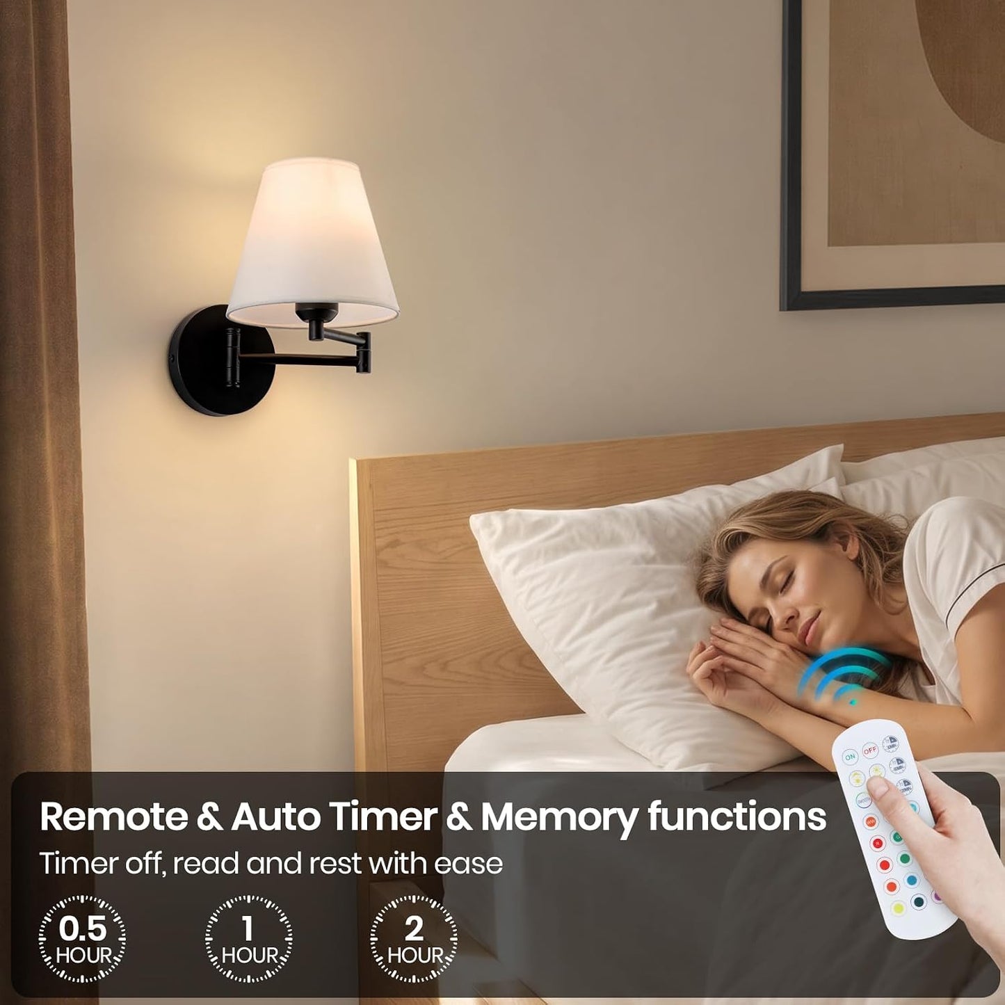 Cordless Battery Operated Wall Sconces Set of 2, Black Swing Arm Wall Sconce, Rechargeable Wall Mounted Reading Light Bedside Wall Lamp, Wireless Wall Sconce Fixtures for Bedside, Hallway, Study