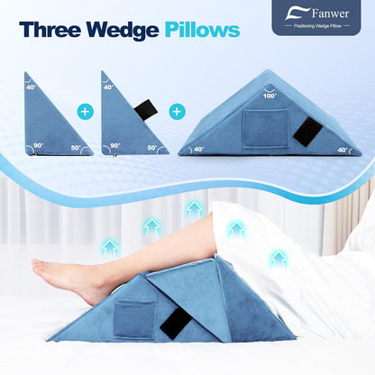 Fanwer Positioning Wedge Pillow for Side Sleeping (3 in 1), 40 Degree Triangle Bed Wedges & Body Positioners for Back Pain, Preventing Bedsores, After Surgery, Knees Elevated, Pregnancy