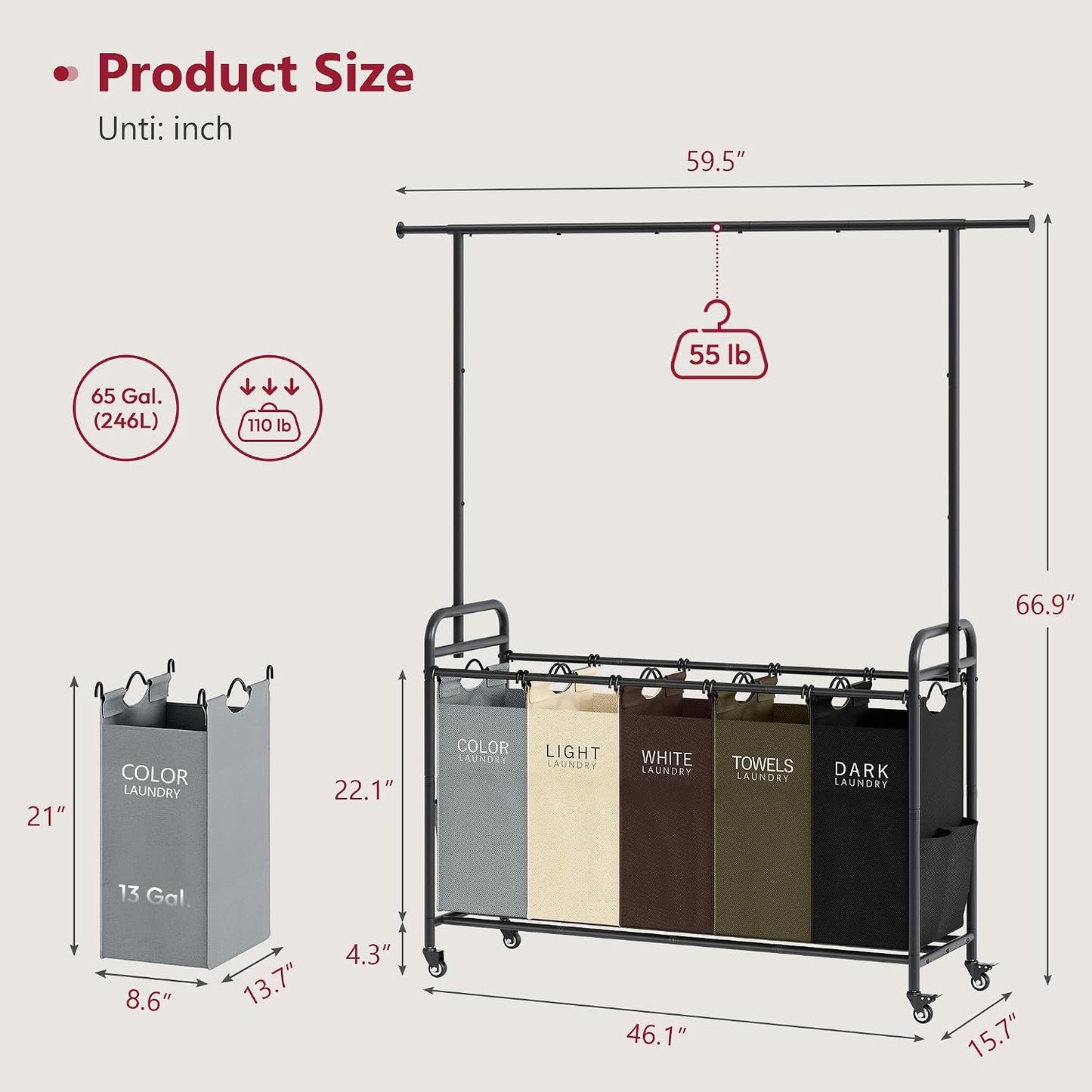 Laundry Cart with Hanging Rack, 65 Gal. Large Laundry Hamper, Beige | Rolling Laundry Cart with Hanging Bar with Removable Bag and Lockable Wheels, Separator Hamper Cart for Bedroom, Bathroom