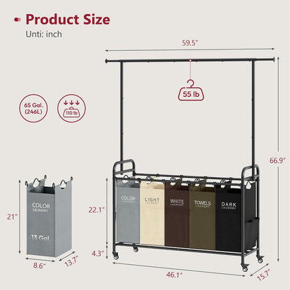 Laundry Cart with Hanging Rack, 65 Gal. Large Laundry Hamper, Beige | Rolling Laundry Cart with Hanging Bar with Removable Bag and Lockable Wheels, Separator Hamper Cart for Bedroom, Bathroom