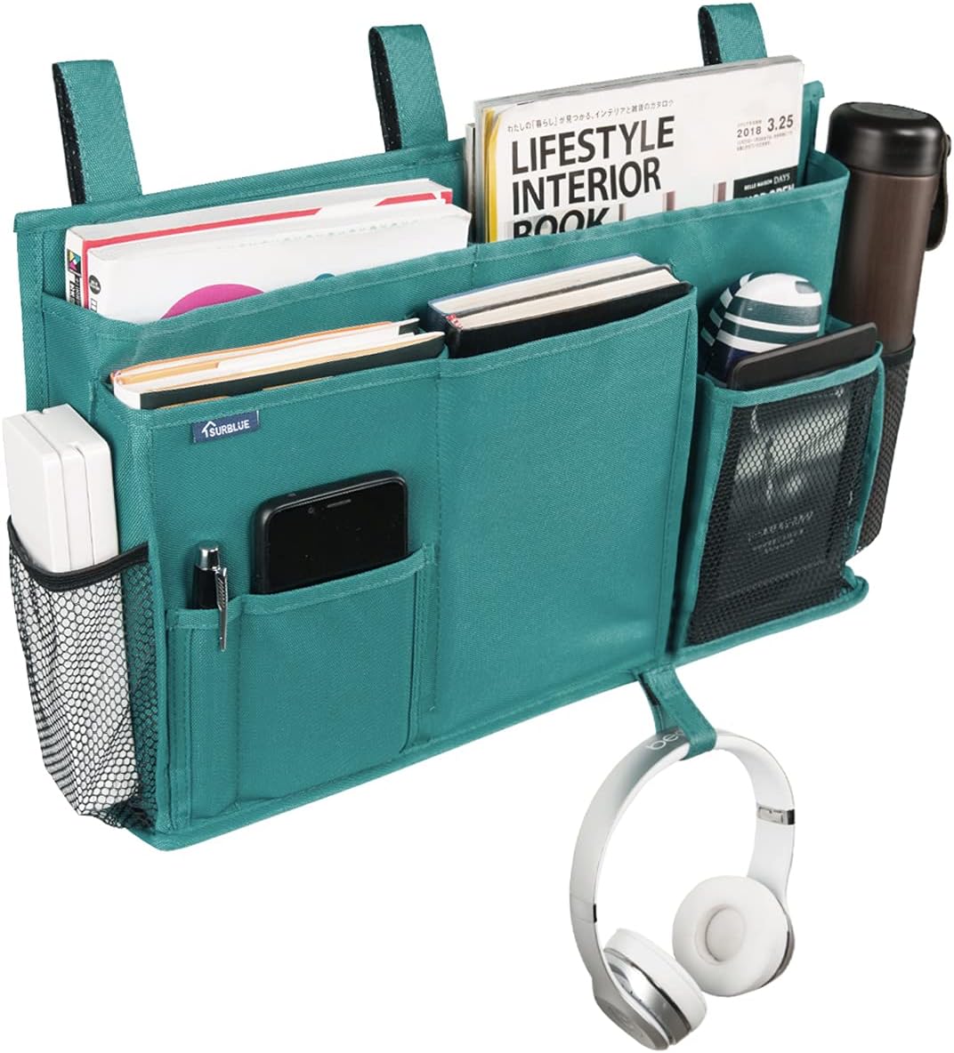 Surblue Bedside Caddy Hanging Organizer Storage Bag Pocket for Bunk, Hospital, College Dorm Rooms, Baby Bed Rails, Camp - 4 Pockets, 2 Hooks (Blue)